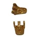 Two views of a gold-colored machined metal bracket with multiple circular holes for fasteners (top view and bottom/front view).