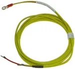Coiled bright yellow rope with a metal eyelet at one end, likely a climbing or rigging rope.