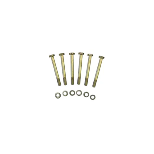 Set of seven metal nails with matching washers laid out in a row in a hardware kit