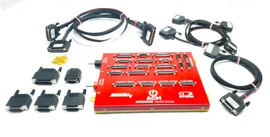 Red ACM control module with numerous multi-pin connectors and several cable harnesses laid out.