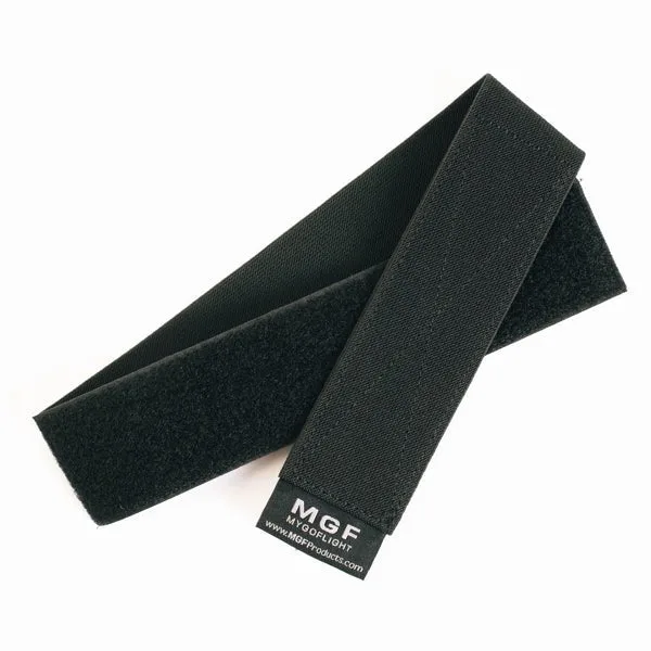 Two black Velcro cable straps, one wrapped around the other, featuring an MGF logo tag at the end
