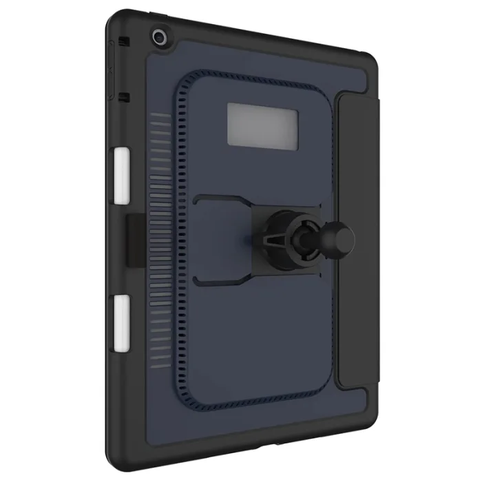 Back view of a dark tablet case with a central adjustable mounting knob and small display window, showing a protective frame and side buttons.