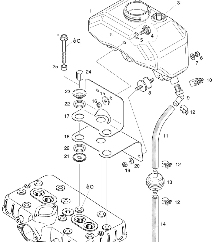 Exploded view of a fuel tank assembly with cap, hoses, and mounting bracket; numbered parts for reference.