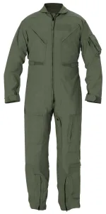 Olive green utility coverall/jumpsuit with front zipper, multiple pockets and cuffed sleeves.