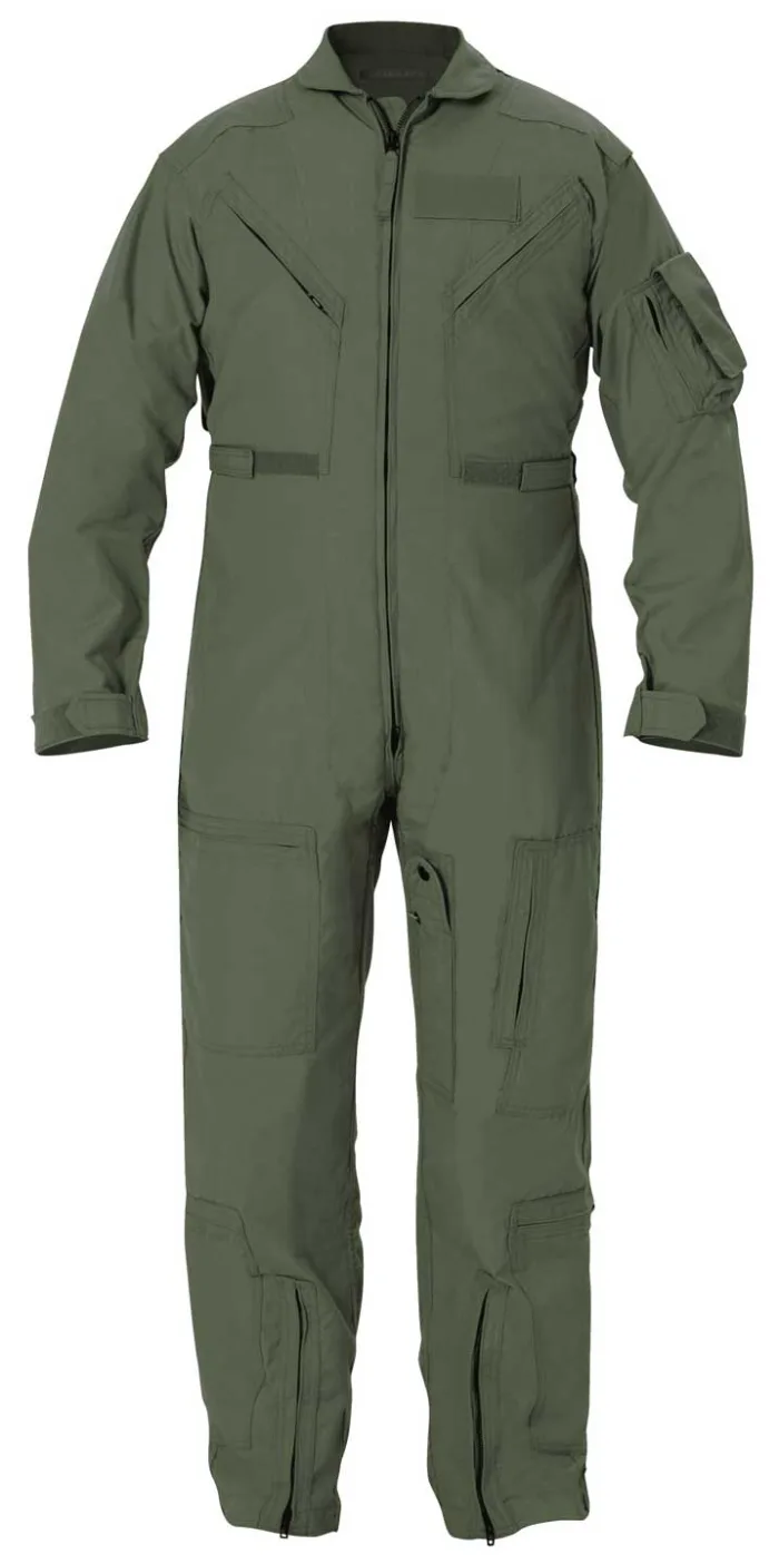 Olive green utility coverall/jumpsuit with front zipper, multiple pockets and cuffed sleeves.