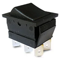 Three-terminal black rocker switch for turning a device on or off.